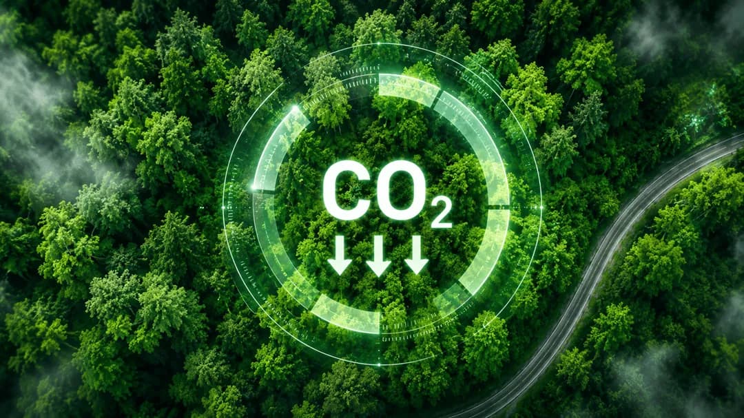 CO2 reduction commitment visualized over a forest canopy