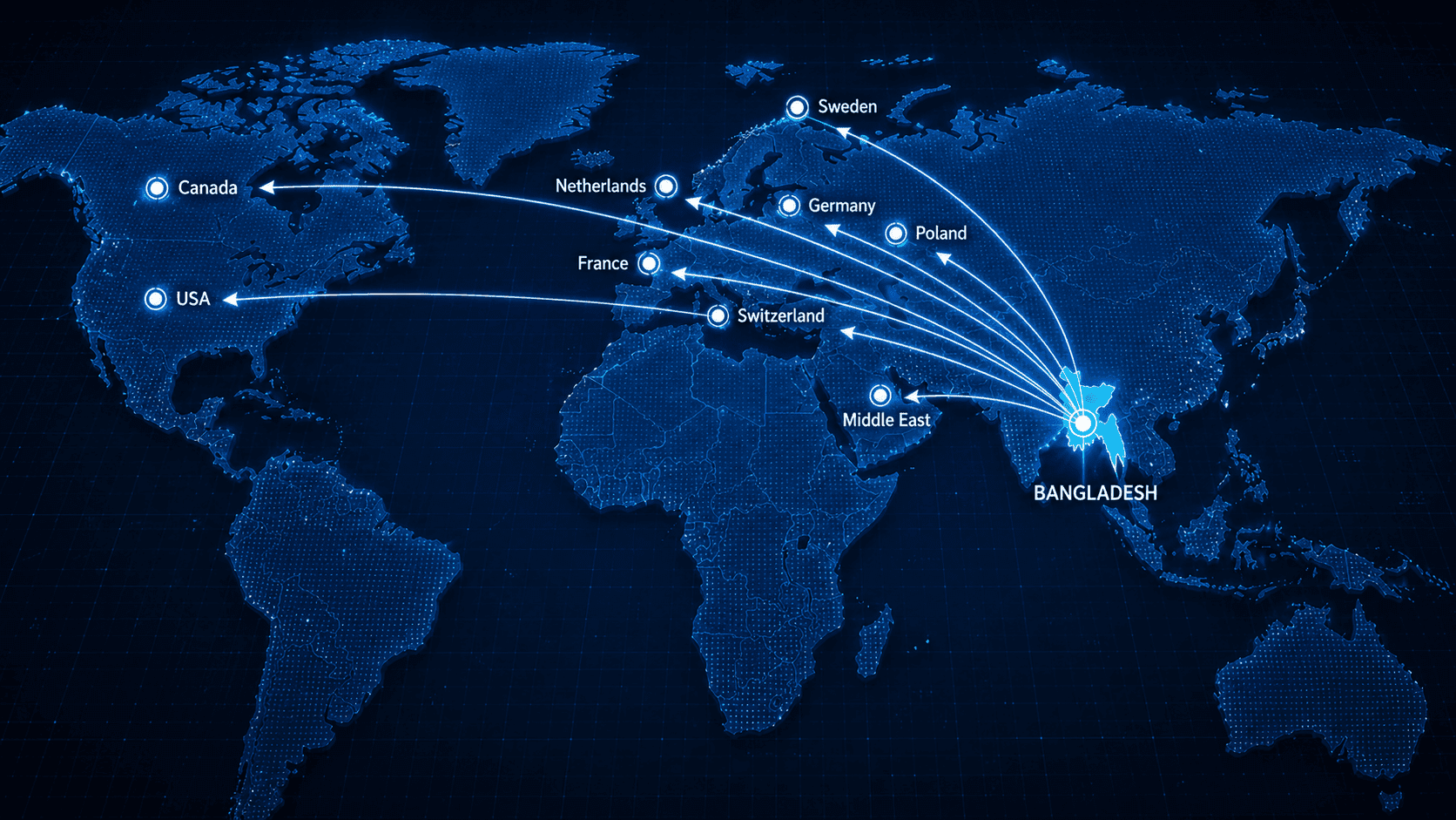 World export map with routes from Bangladesh to global markets