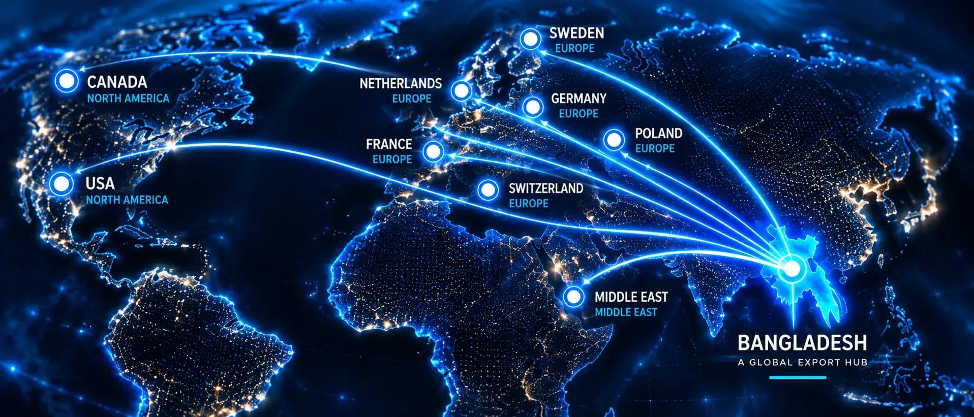 World export map with routes from Bangladesh to global markets
